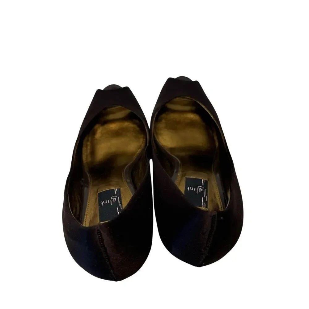 Chocolate Brown Satin Glint Designer Peep Toe Heel Womens 8.5 Leather Sole Party